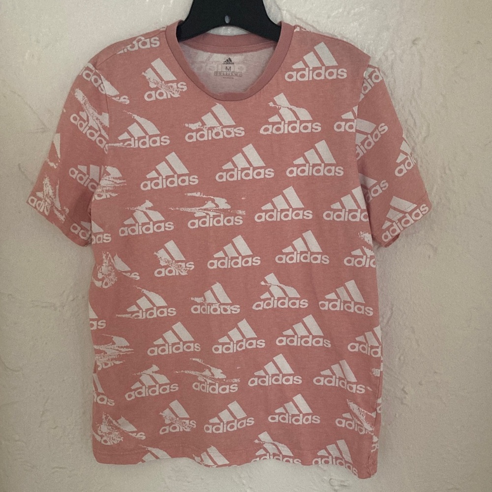 Adidas Men’s Allover Logo Medium Coral Tee with White Logos